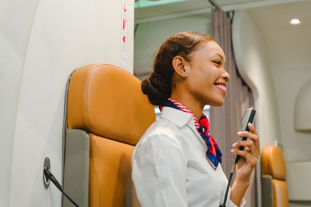 Flight attendant making announcement